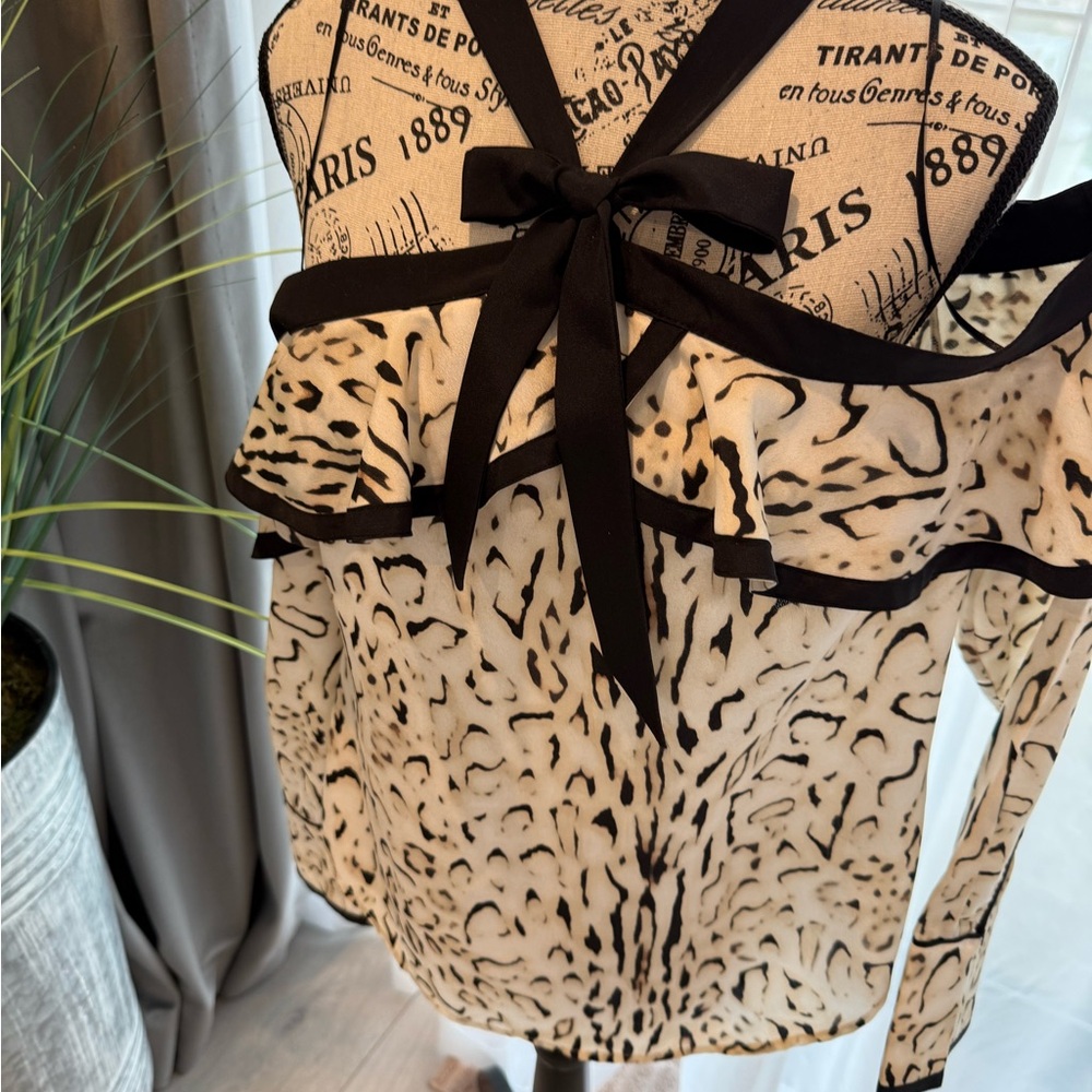 Guess Cream and Black Asymmetrical Tie Front Blouse